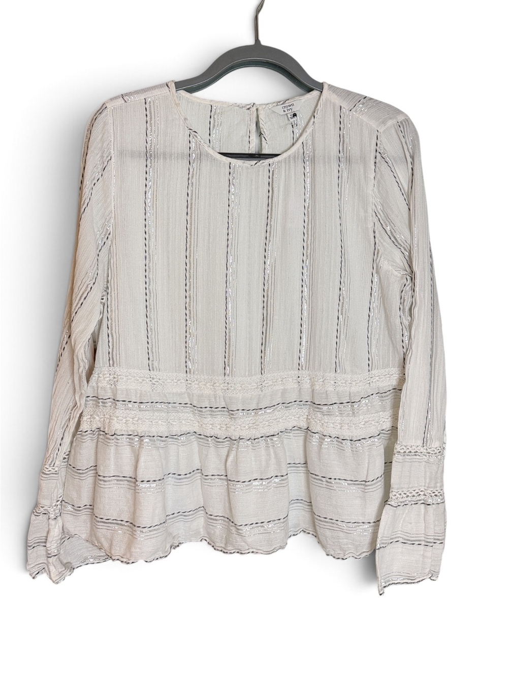 Crown & Ivy Ivory Metallic Stripe Lace Trim Peplum Top XL | Coquette Fairycore
